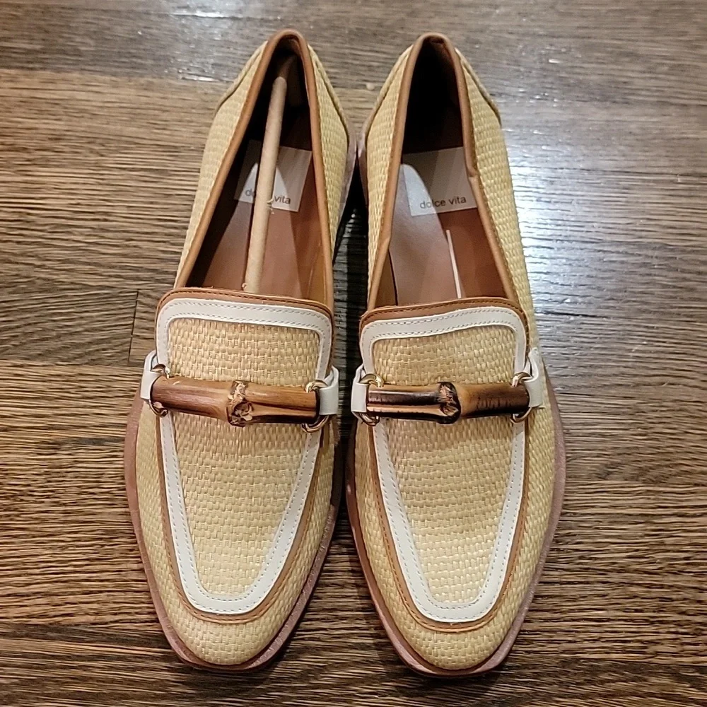 Dolce Vita Straw Loafers with Cream Trim and Brown Bit - Picture 4 of 7
